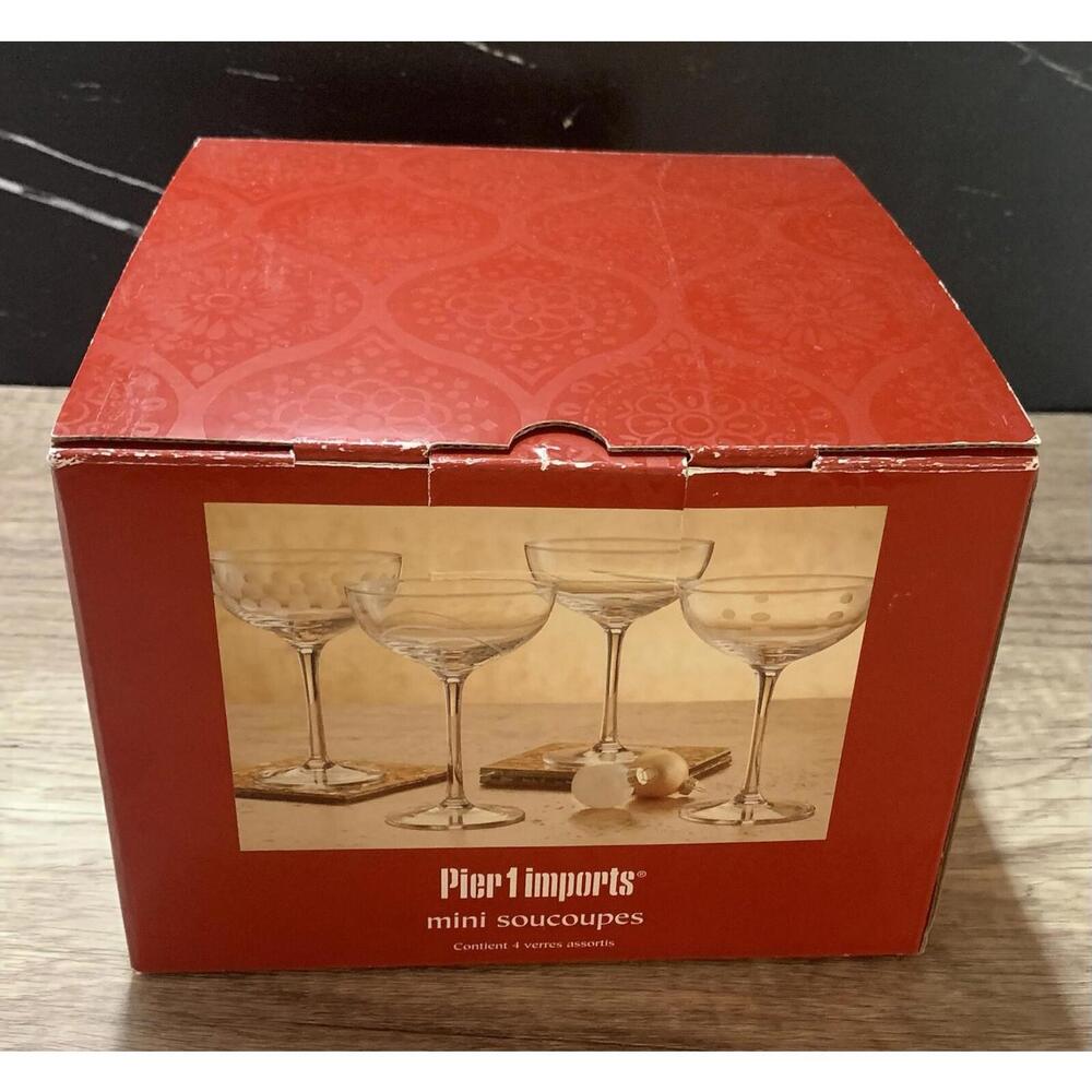 Pier 1 Mini Glass Saucers Soucoupes Glasses Set of 4 Assorted Design in Box